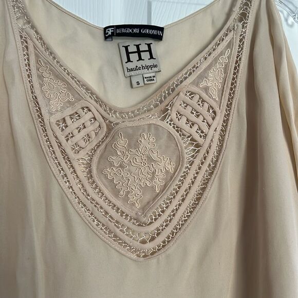 Haute Hippie Top - Bat Wing Embroidered Tan Blouse - Picture 3 of 5